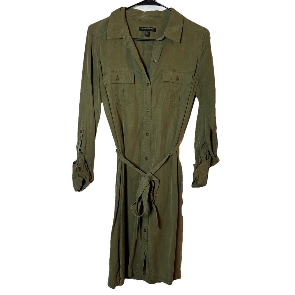 Banana Republic Olive Green Lyocell Shirt Dress Womens 6 Tie Waist Utility